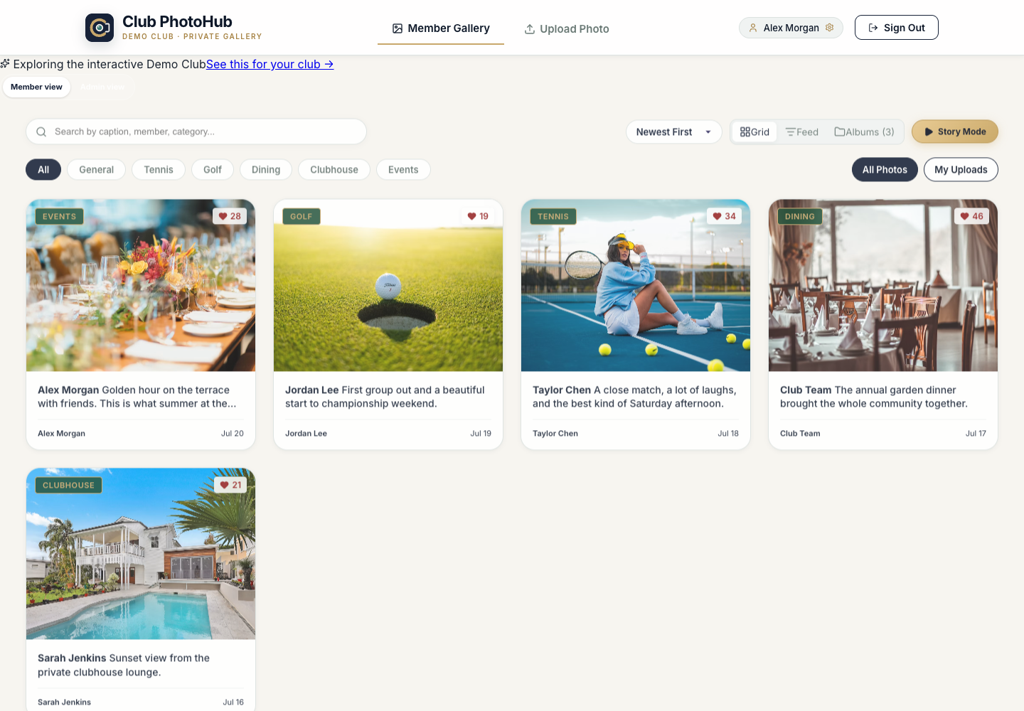 Club PhotoHub public demonstration gallery using fictional members